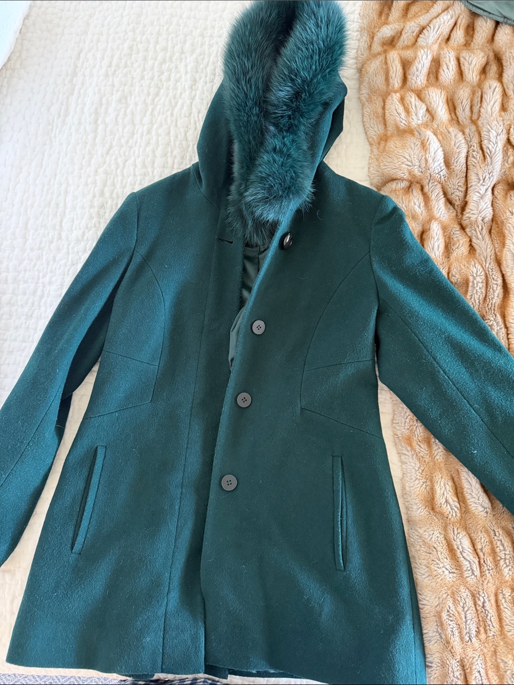 Sachi Collection Womens Forest Green Wool Hooded Coat with real Fox Fur Trim